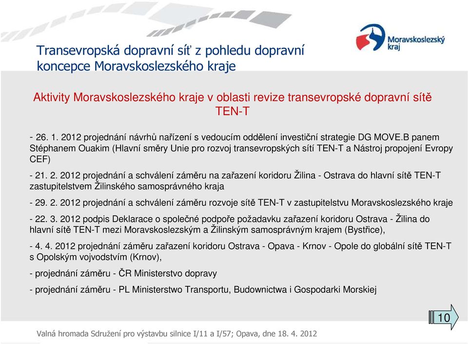 . 2. 2012 projednání a schválení záměru na zařazení koridoru Žilina - Ostrava do hlavní sítě TEN-T zastupitelstvem Žilinského samosprávného kraja - 29. 2. 2012 projednání a schválení záměru rozvoje sítě TEN-T v zastupitelstvu Moravskoslezského kraje - 22.