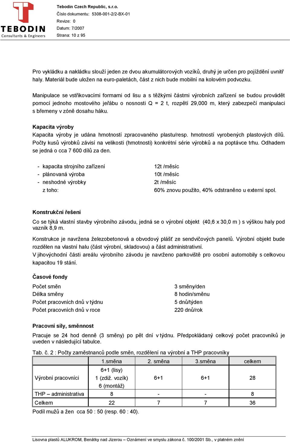 Manipulace se vstřikovacími formami od lisu a s těžkými částmi výrobních zařízení se budou provádět pomocí jednoho mostového jeřábu o nosnosti Q = 2 t, rozpětí 29,000 m, který zabezpečí manipulaci s