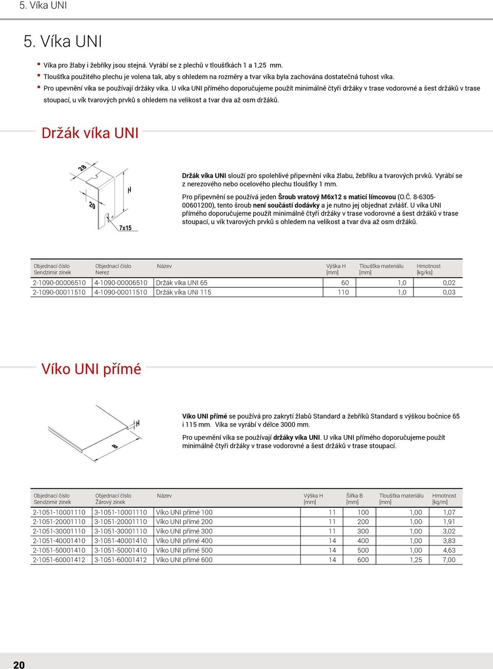 U víka UNI přímého doporučujeme použít minimálně čtyři držáky v trase vodorovné a šest držáků v trase stoupací, u vík tvarových prvků s ohledem na velikost a tvar dva až osm držáků.