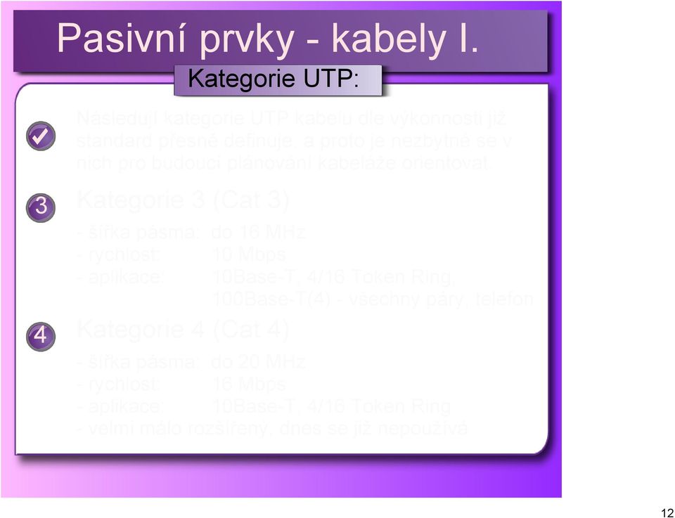 3 4 Kategorie 3 (Cat 3) šířka pásma: do 16 MHz rychlost: 10 Mbps aplikace: 10Base T, 4/16 Token Ring, 100Base