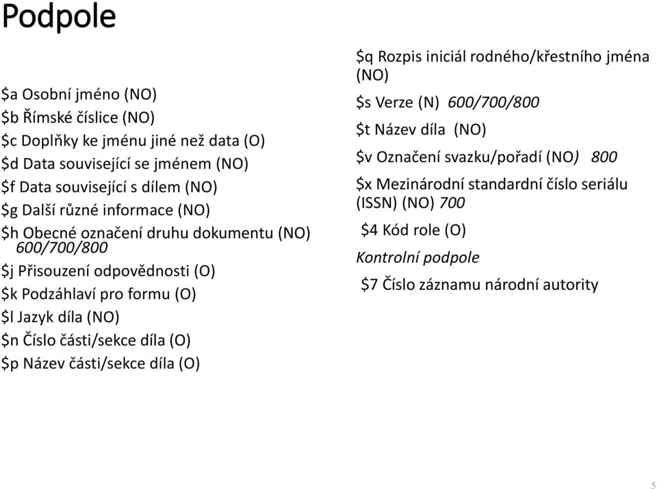 (NO) $n Číslo části/sekce díla (O) $p Název části/sekce díla (O) $q Rozpis iniciál rodného/křestního jména (NO) $s Verze (N) 600/700/800 $t Název díla (NO)