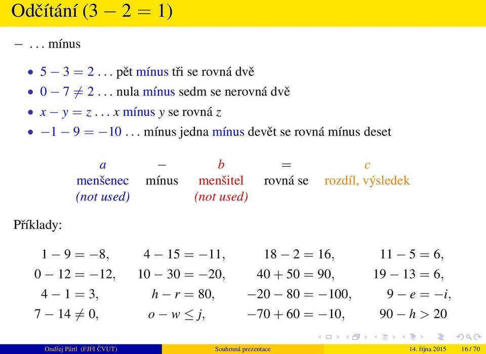 .. mínus jedna mínus devět se rovná mínus deset a b = c menšenec mínus menšitel rovná se rozdíl, výsledek (not used)