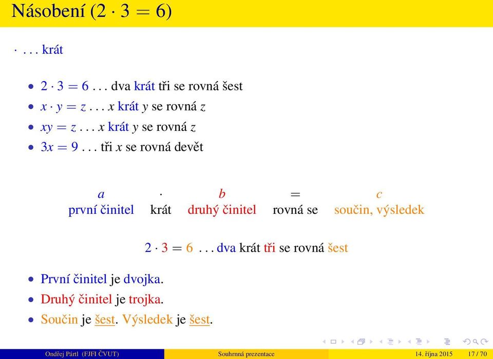 .. tři x se rovná devět a b = c první činitel krát druhý činitel rovná se součin, výsledek 2 3 = 6.