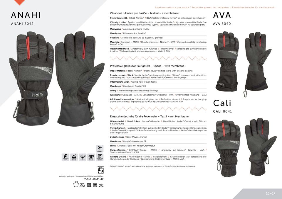 povrstvením a protiúderovou výplní / Výztuhy z materiálu Kevlar na špičkách prstů Mezivrstva / Aramidová netkaná textilie AVA AVA 8040 Membrána / FR membrána Porelle Podšívka / Aramidová podšívka se