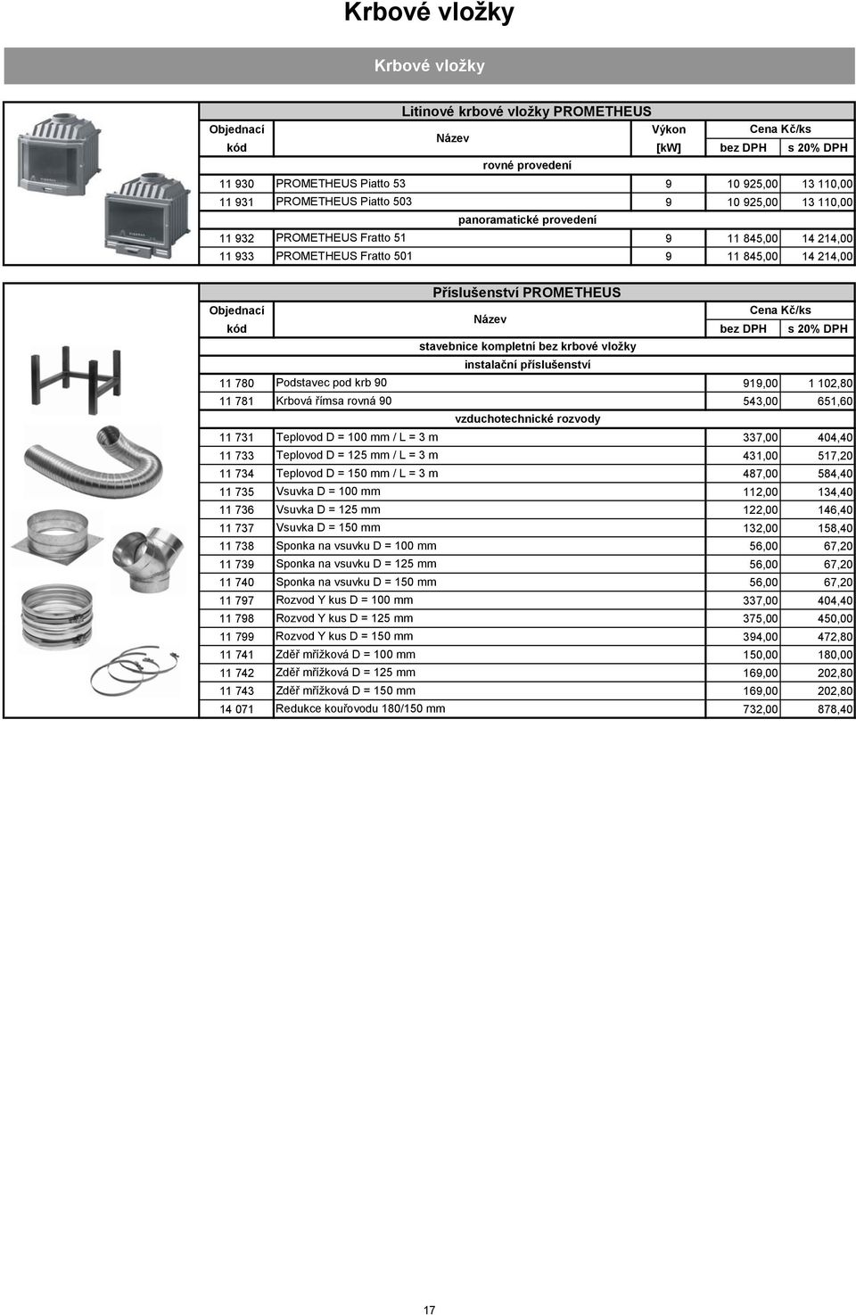 příslušenství 11 780 Podstavec pod krb 90 919,00 1 102,80 11 781 Krbová římsa rovná 90 543,00 651,60 vzduchotechnické rozvody 11 731 Teplovod D = 100 mm / L = 3 m 337,00 404,40 11 733 Teplovod D =