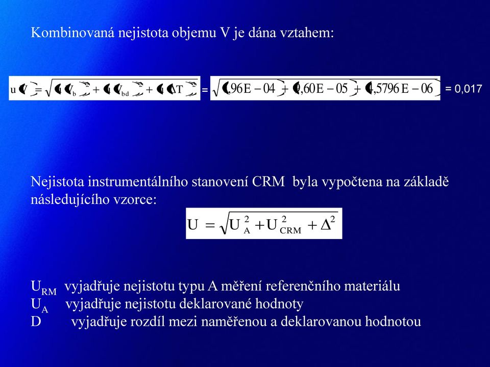 následujícího vzorce: U 2 2 U A U CRM 2 U RM vyjadřuje nejistotu typu A měření referenčního