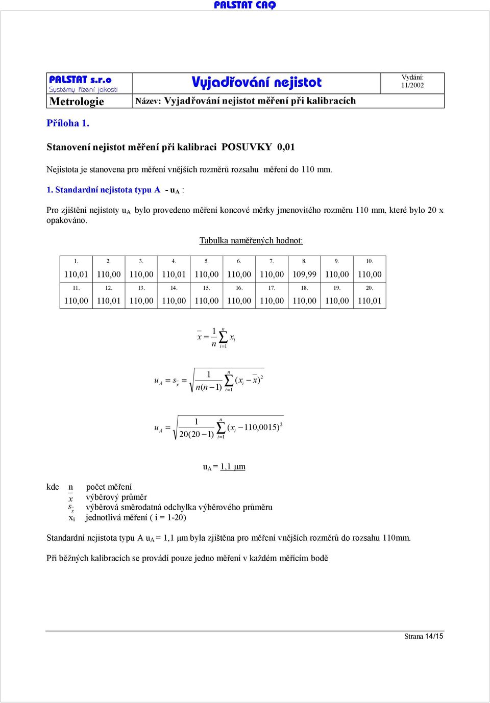 110,00 110,01 110,00 110,00 110,00 110,00 110,00 110,00 110,00 110,01 1 x = n n x i i= 1 u A = s x = 1 n( n 1) n i= 1 ( x x) i 2 n 1 u A = ( x i 110,0015) 20(20 1) i= 1 2 u A = 1,1 μm kde n počet