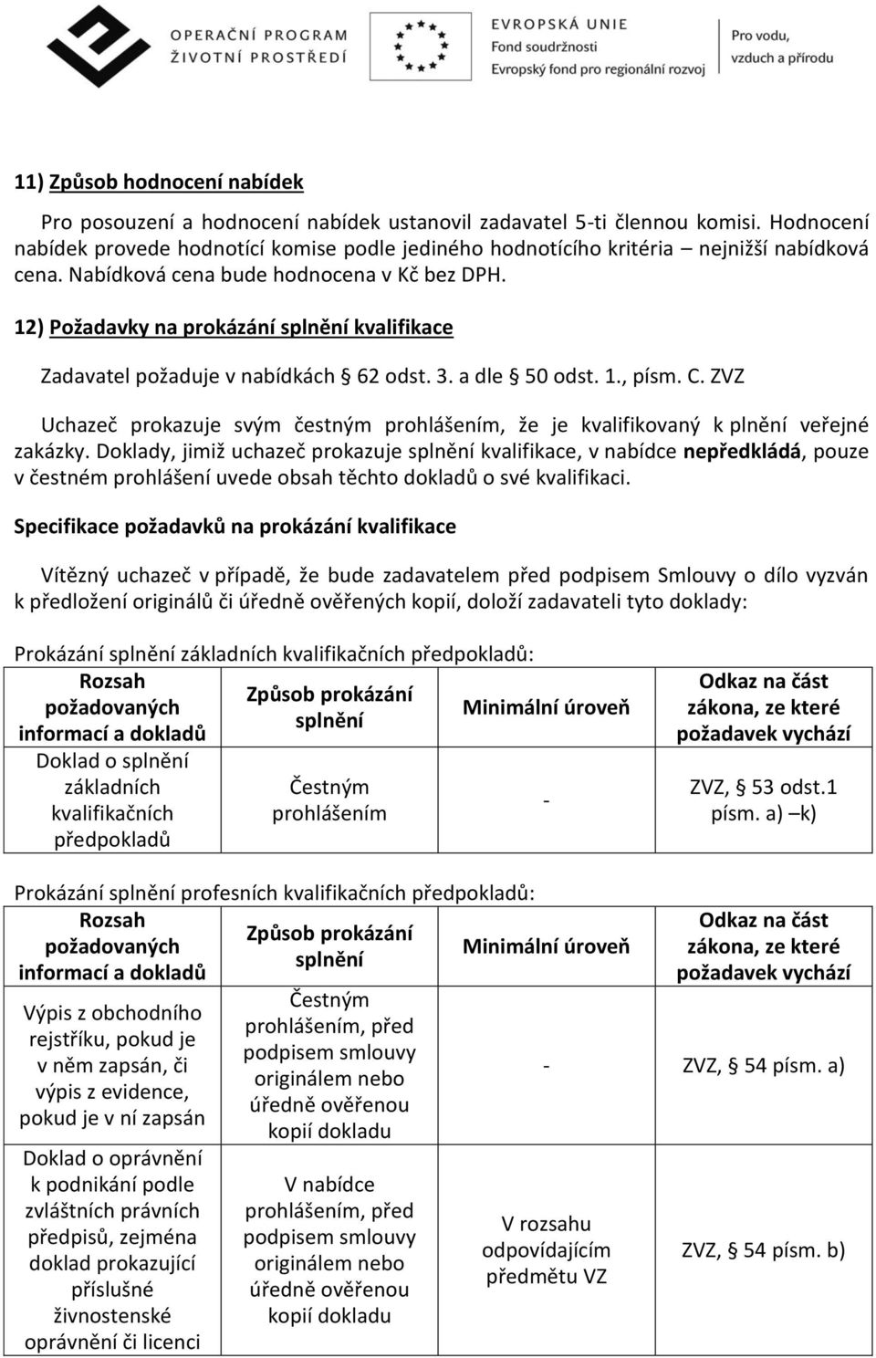 12) Požadavky na prokázání splnění kvalifikace Zadavatel požaduje v nabídkách 62 odst. 3. a dle 50 odst. 1., písm. C.