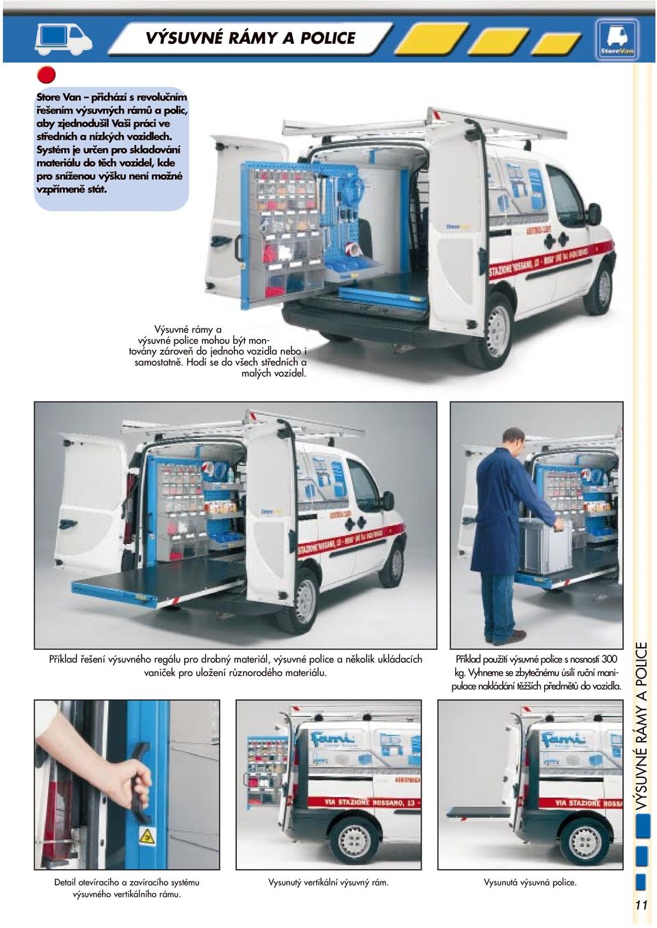 Výsuvné rámy a výsuvné police mohou být montovány zároveň do jednoho vozidla nebo i samostatně. Hodí se do všech středních a malých vozidel.