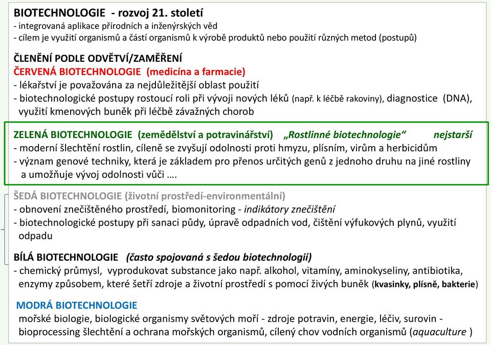 ČERVENÁ BIOTECHNOLOGIE (medicína a farmacie) - lékařství je považována za nejdůležitější oblast použití - biotechnologické postupy rostoucí roli při vývoji nových léků (např.