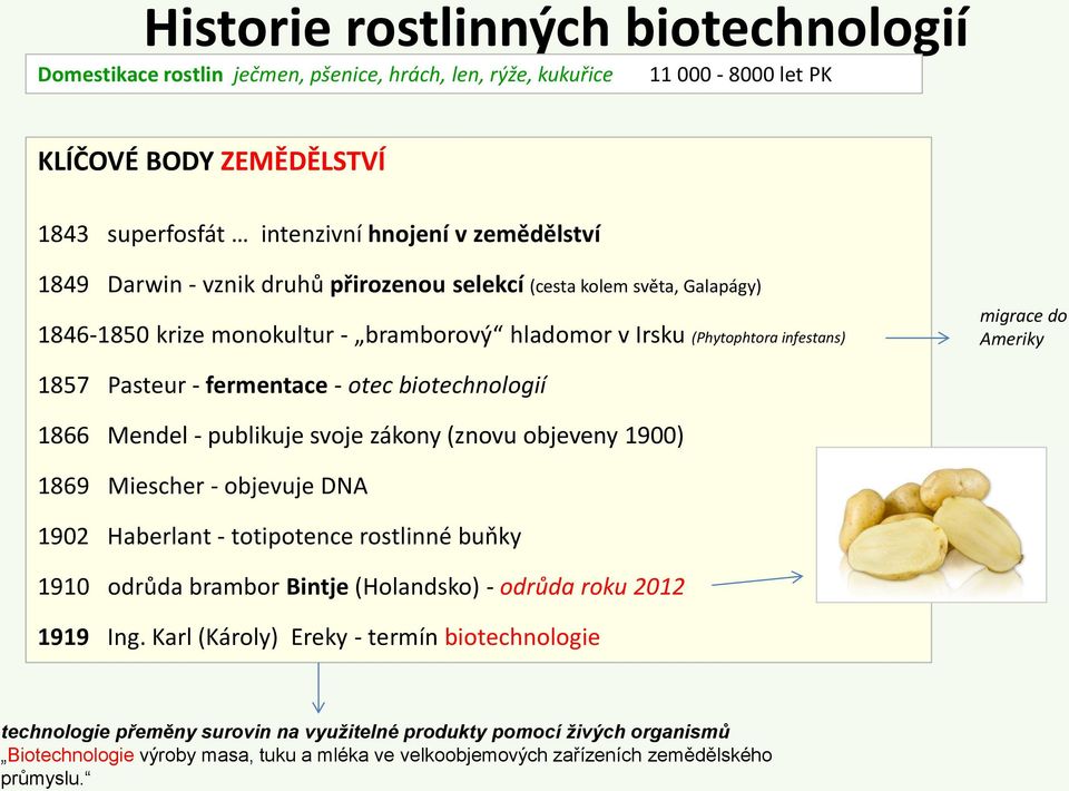 otec biotechnologií 1866 Mendel - publikuje svoje zákony (znovu objeveny 1900) 1869 Miescher - objevuje DNA 1902 Haberlant - totipotence rostlinné buňky 1910 odrůda brambor Bintje (Holandsko) -