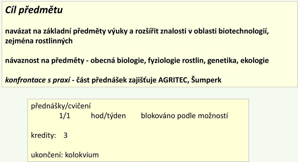 fyziologie rostlin, genetika, ekologie konfrontace s praxí - část přednášek zajišťuje