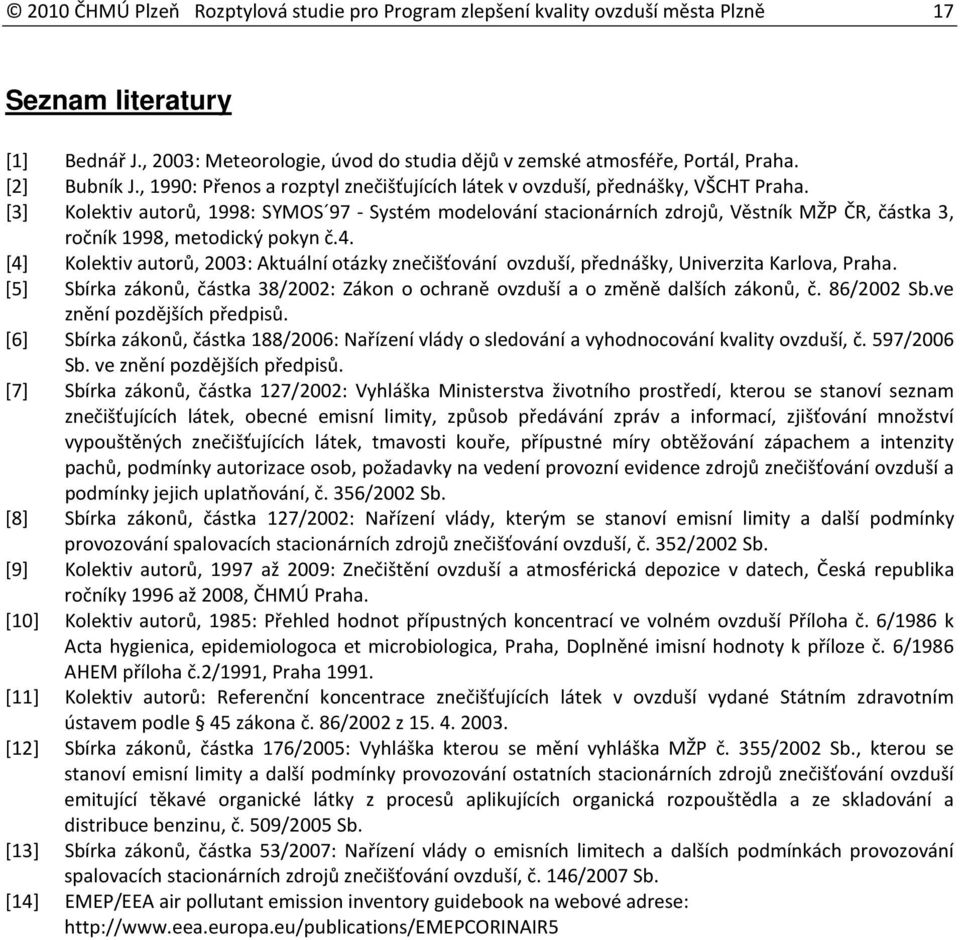 [3] Kolektiv autorů, 1998: SYMOS 97 - Systém modelování stacionárních zdrojů, Věstník MŽP ČR, částka 3, ročník 1998, metodický pokyn č.4.