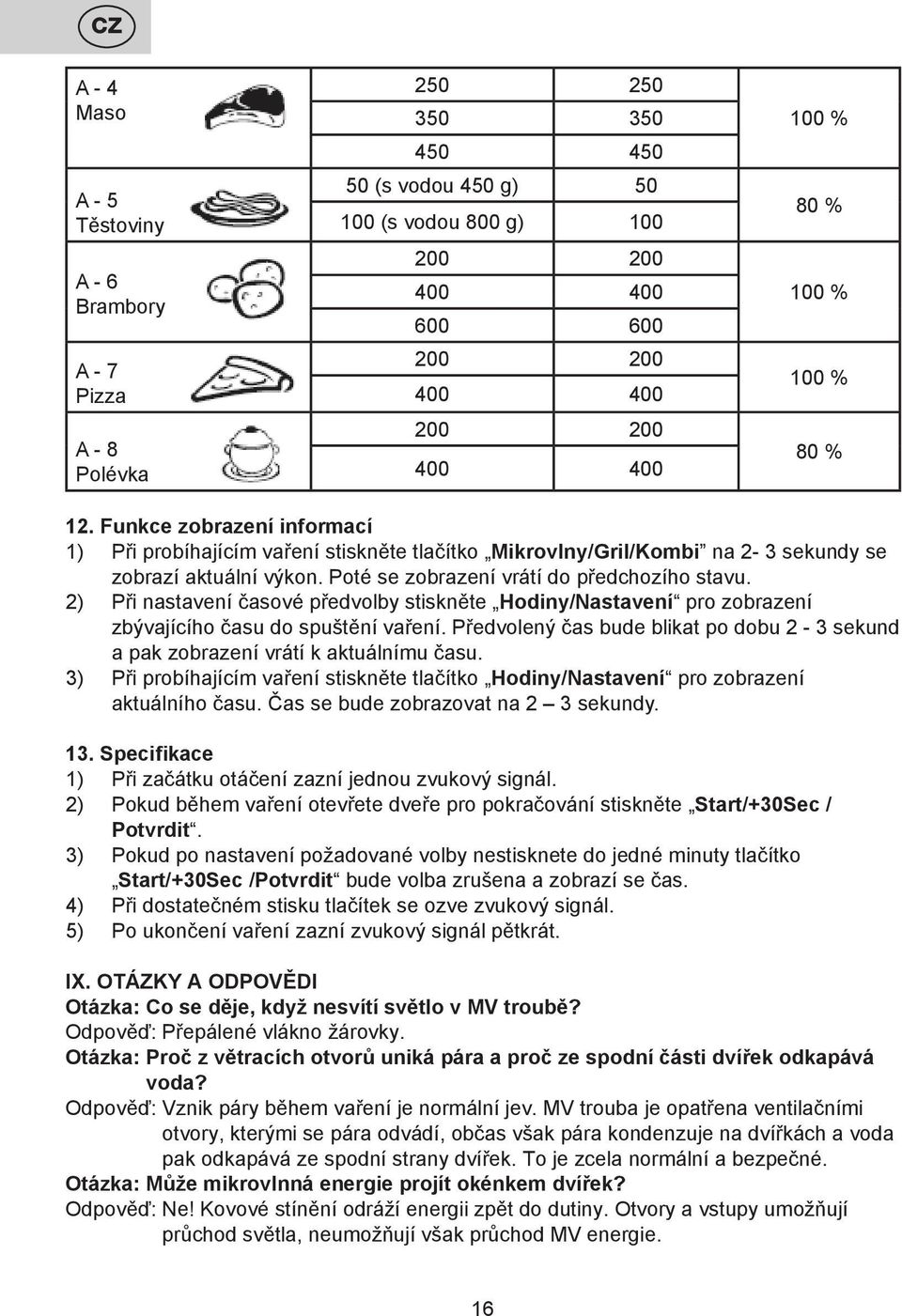 Poté se zobrazení vrátí do předchozího stavu. 2) Při nastavení časové předvolby stiskněte Hodiny/Nastavení pro zobrazení zbývajícího času do spuštění vaření.