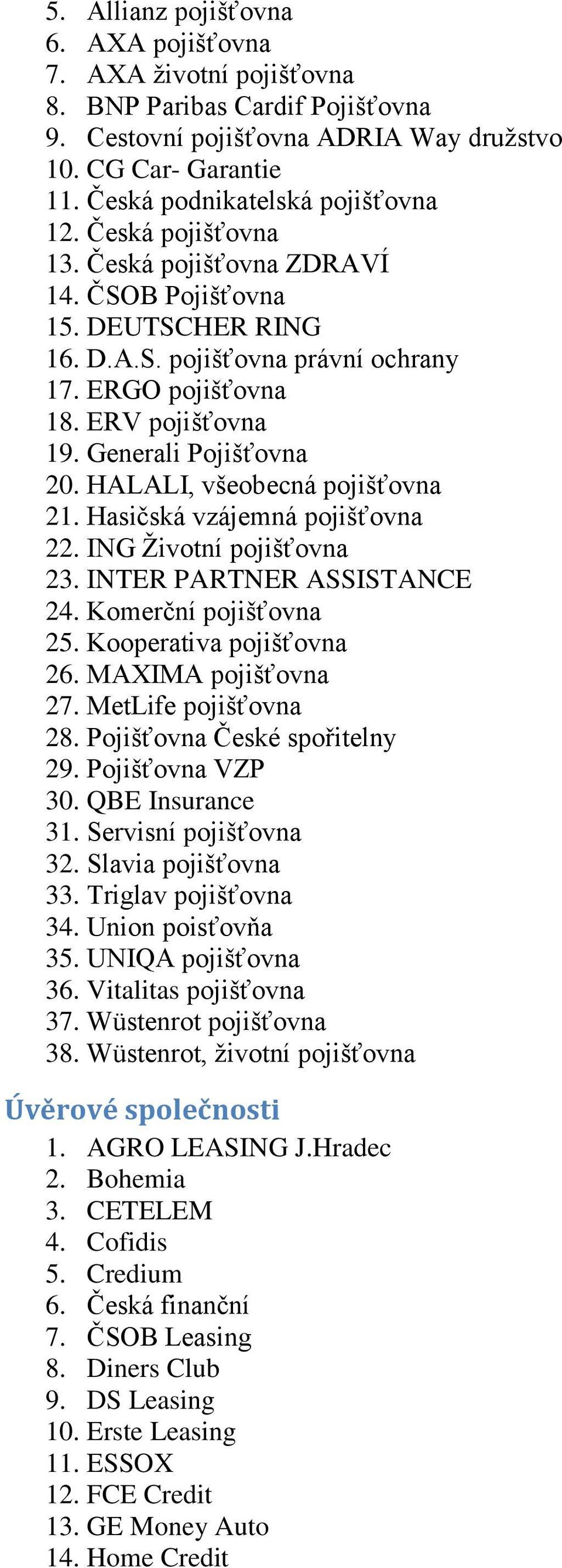 HALALI, všeobecná pojišťovna 21. Hasičská vzájemná pojišťovna 22. ING Životní pojišťovna 23. INTER PARTNER ASSISTANCE 24. Komerční pojišťovna 25. Kooperativa pojišťovna 26. MAXIMA pojišťovna 27.