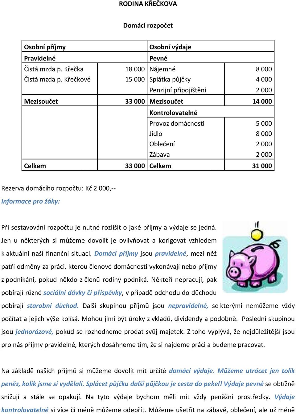 Celkem 31 000 Rezerva domácího rozpočtu: Kč 2 000, Informace pro žáky: Při sestavování rozpočtu je nutné rozlišit o jaké příjmy a výdaje se jedná.