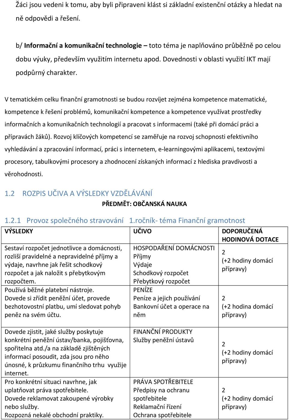 V tematickém celku finanční gramotnosti se budou rozvíjet zejména kompetence matematické, kompetence k řešení problémů, komunikační kompetence a kompetence využívat prostředky informačních a