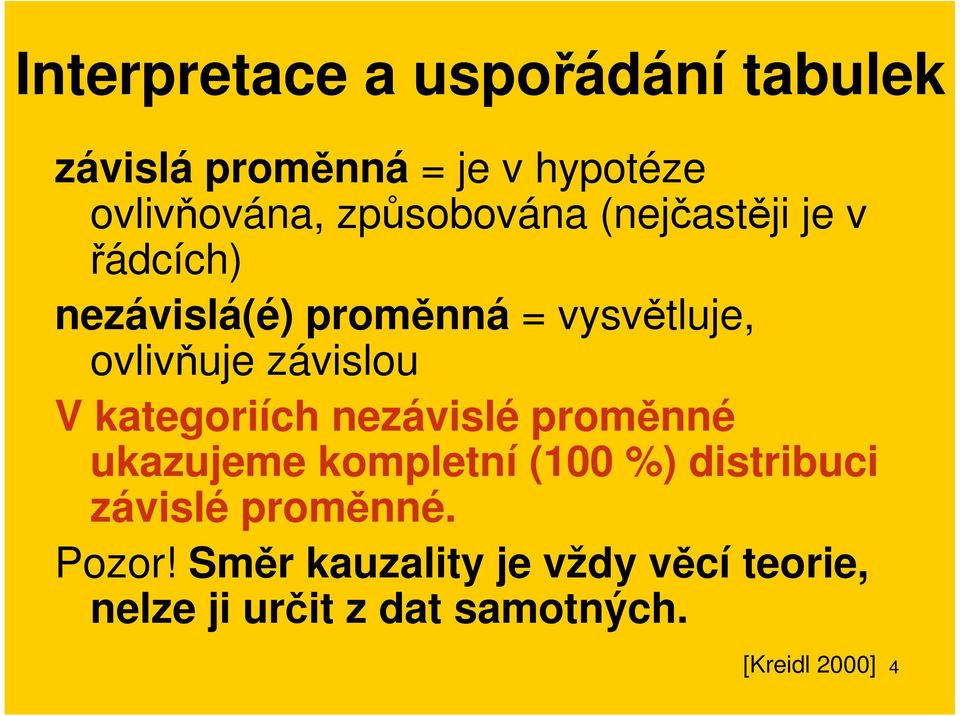 závislou V kategoriích nezávislé proměnné ukazujeme kompletní (100 %) distribuci závislé