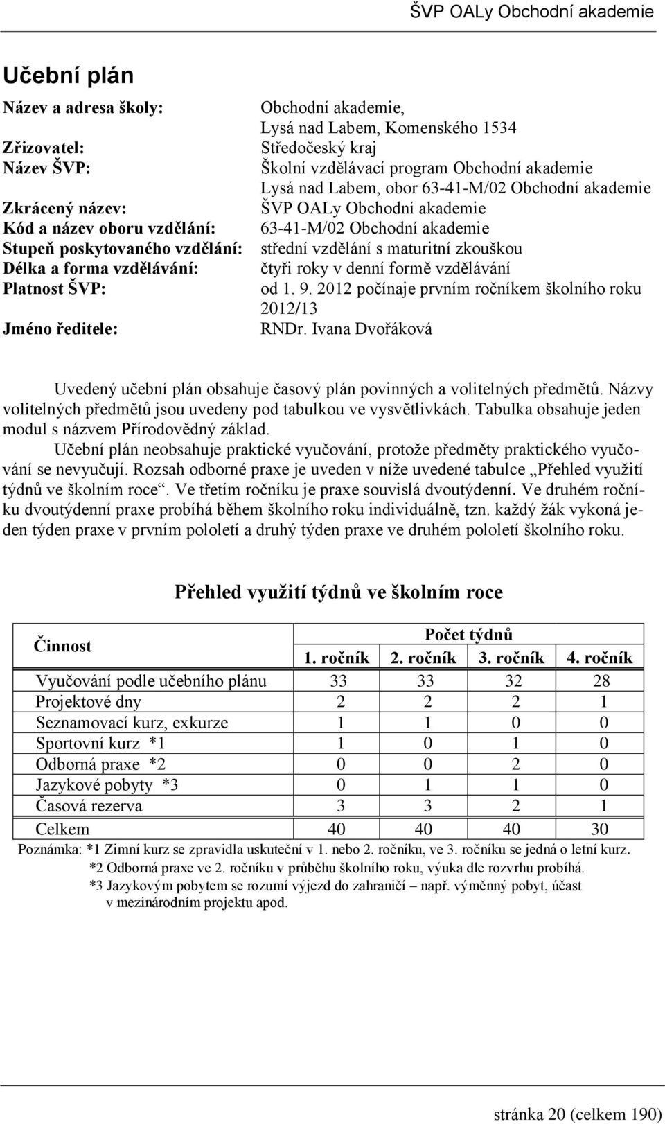 vzdělávání: čtyři roky v denní formě vzdělávání Platnost ŠVP: od. 9. 0 počínaje prvním ročníkem školního roku 0/ Jméno ředitele: RNDr.