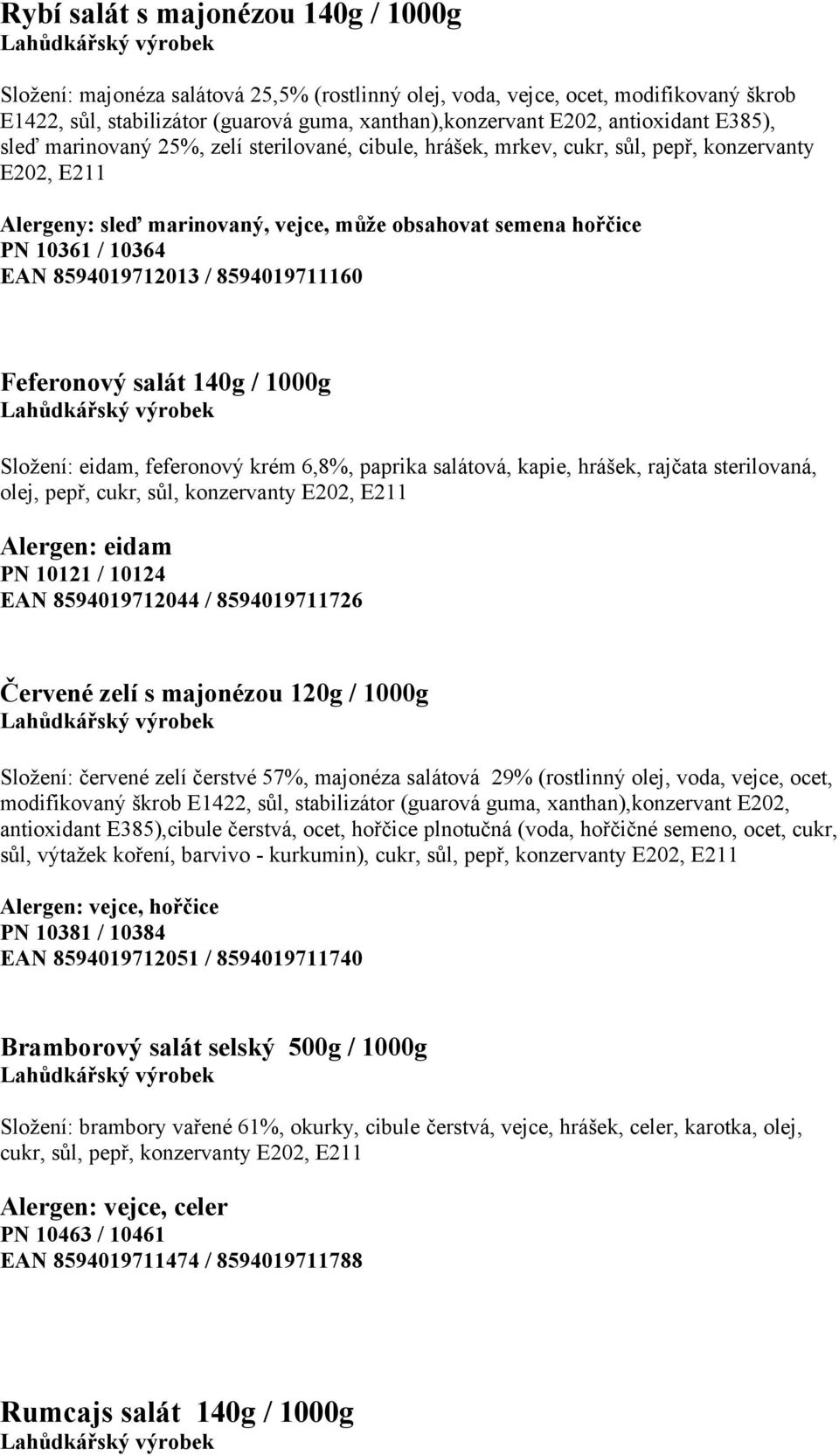 10364 EAN 8594019712013 / 8594019711160 Feferonový salát 140g / 1000g Složení: eidam, feferonový krém 6,8%, paprika salátová, kapie, hrášek, rajčata sterilovaná, olej, pepř, cukr, sůl, konzervanty