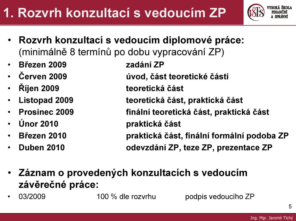 finální teoretická část, praktická část Únor 2010 praktická část Březen 2010 praktická část, finální formální podoba ZP Duben 2010