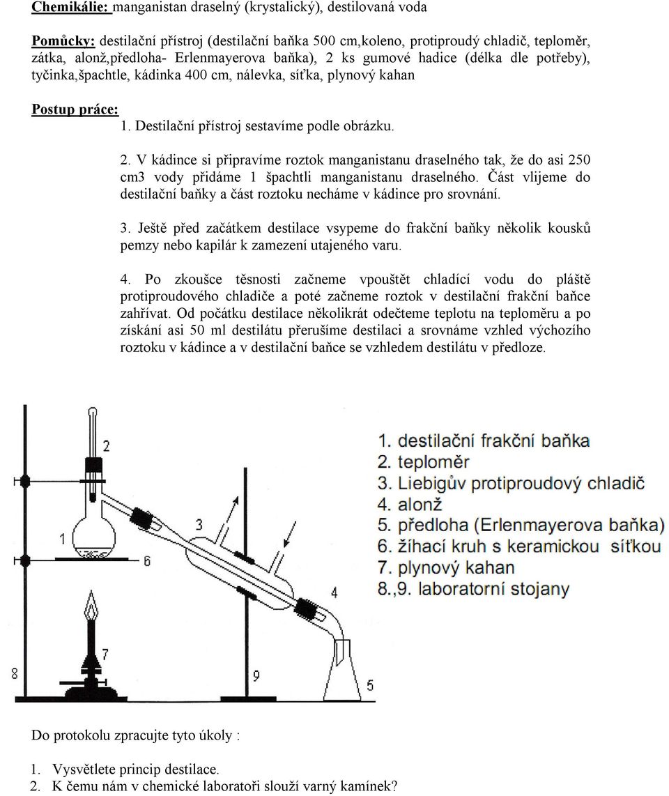 Část vlijeme do destilační baňky a část roztoku necháme v kádince pro srovnání. 3. Ještě před začátkem destilace vsypeme do frakční baňky několik kousků pemzy nebo kapilár k zamezení utajeného varu.