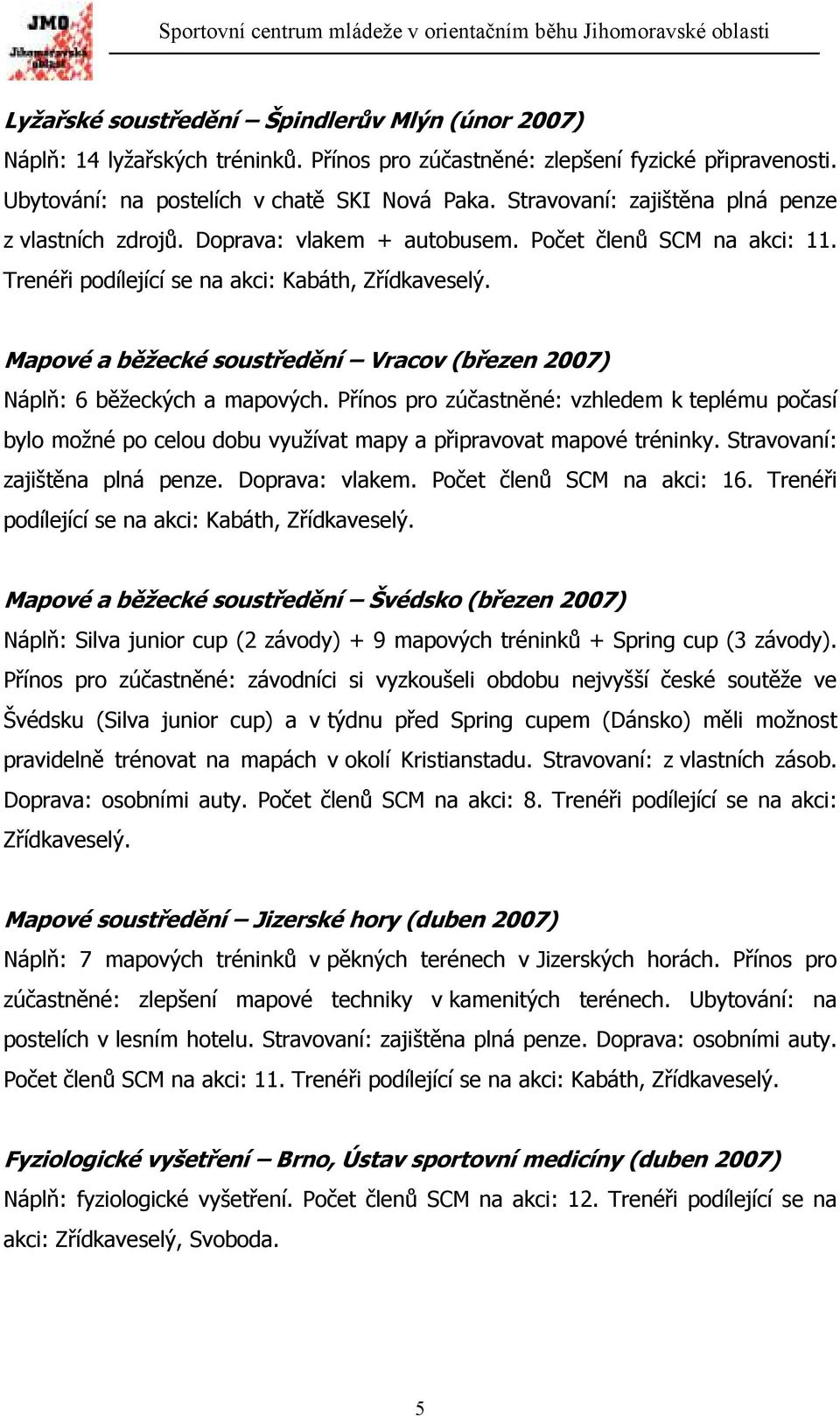 Mapové a běžecké soustředění Vracov (březen 2007) Náplň: 6 běžeckých a mapových. Přínos pro zúčastněné: vzhledem k teplému počasí bylo možné po celou dobu využívat mapy a připravovat mapové tréninky.