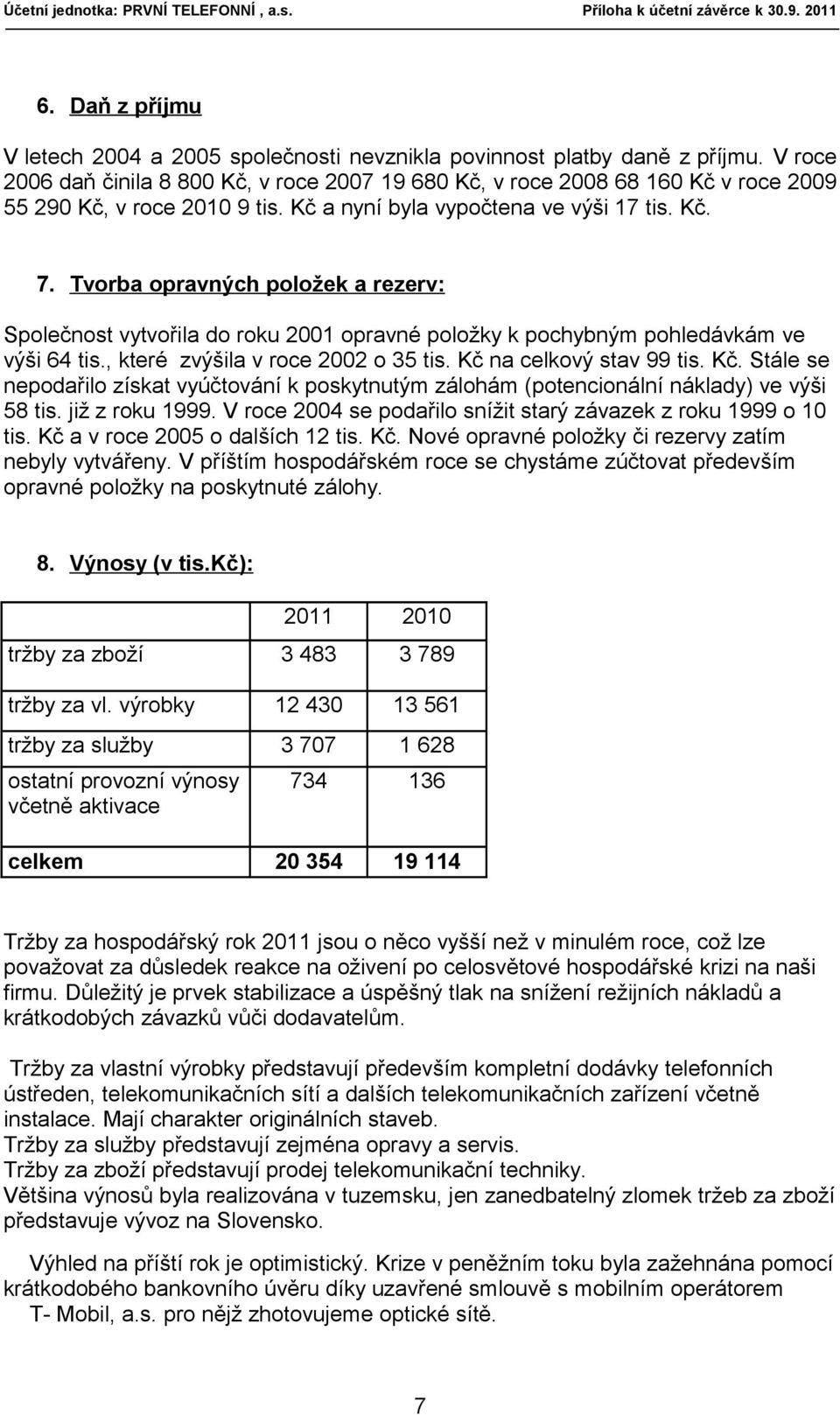 Tvorba opravných položek a rezerv: Společnost vytvořila do roku 2001 opravné položky k pochybným pohledávkám ve výši 64 tis., které zvýšila v roce 2002 o 35 tis. Kč 