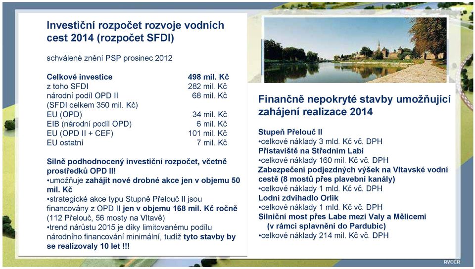 umožňuje zahájit nové drobné akce jen v objemu 50 mil. Kč strategické akce typu Stupně Přelouč II jsou financovány z OPD II jen v objemu 168 mil.