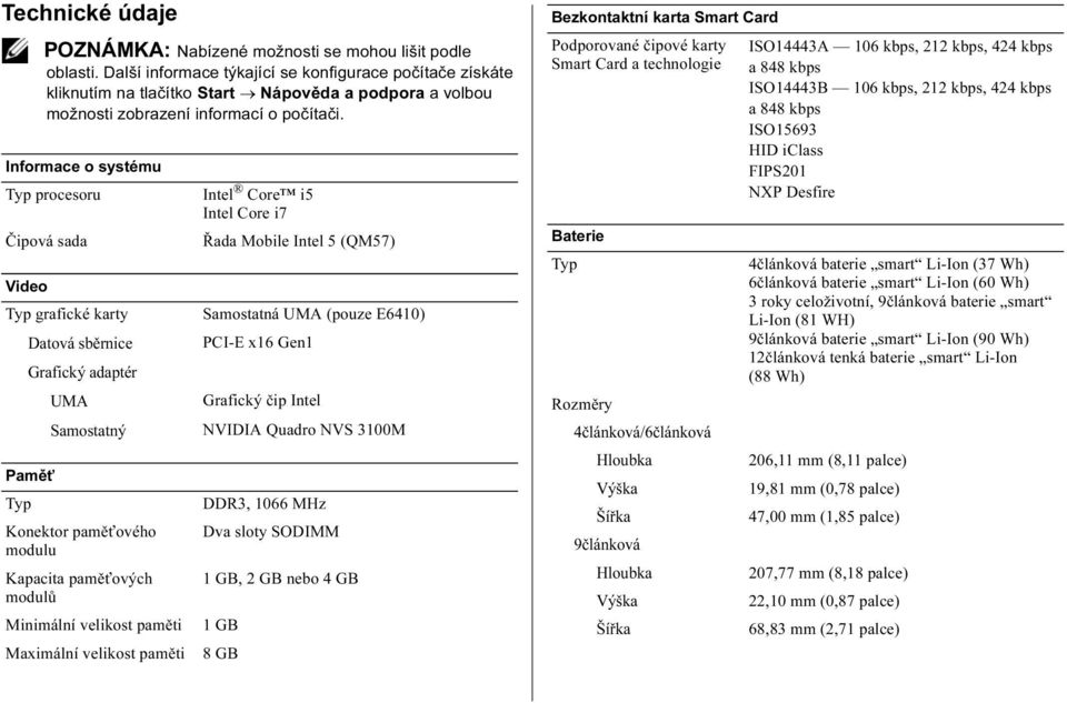 Informace o systému Typ procesoru Čipová sada Intel Core i5 Intel Core i7 Řada Mobile Intel 5 (QM57) Video Typ grafické karty Samostatná UMA (pouze E6410) Datová sběrnice PCI-E x16 Gen1 Grafický