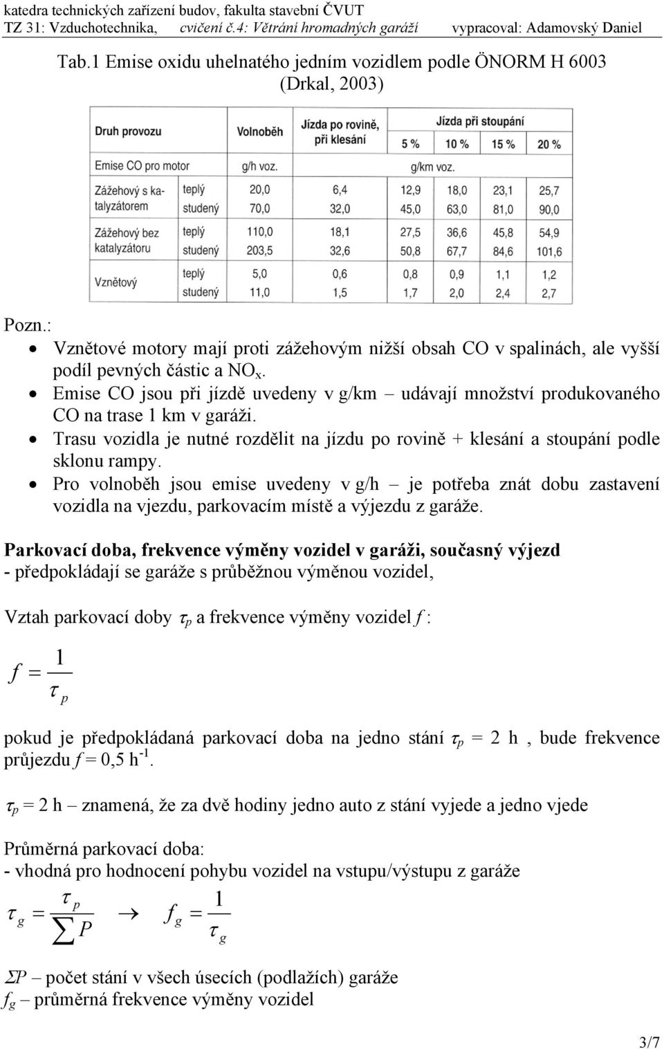 Pro volnoběh jsou emise uvedeny v g/h je otřeba znát dobu zastavení vozidla na vjezdu, arkovacím místě a výjezdu z garáže.