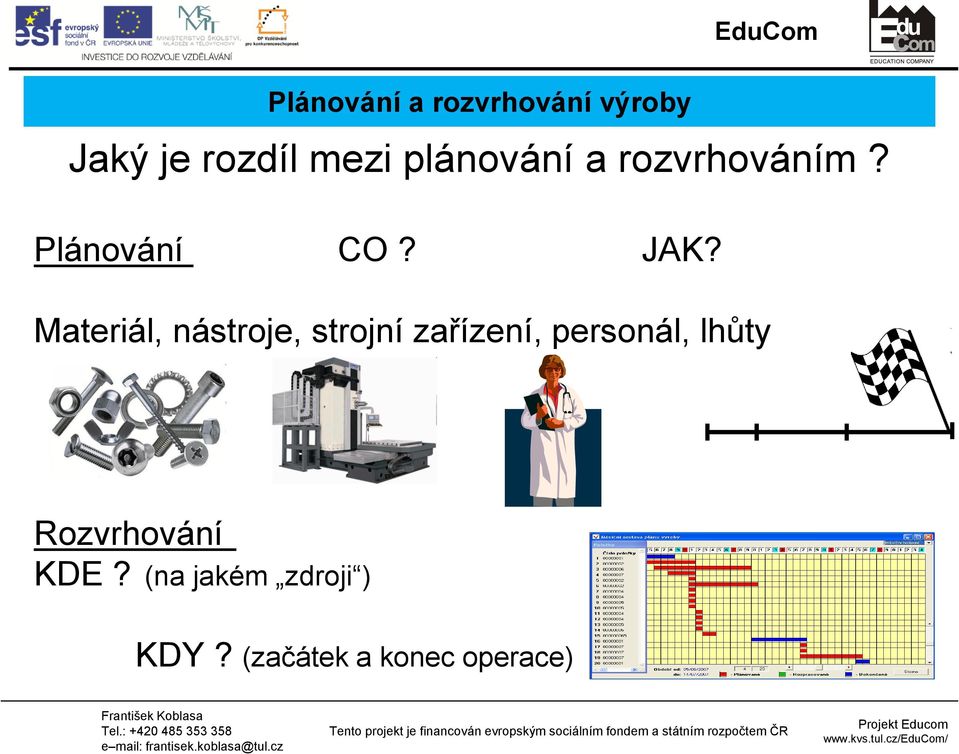 Materiál, nástroje, strojní zařízení, personál, lhůty