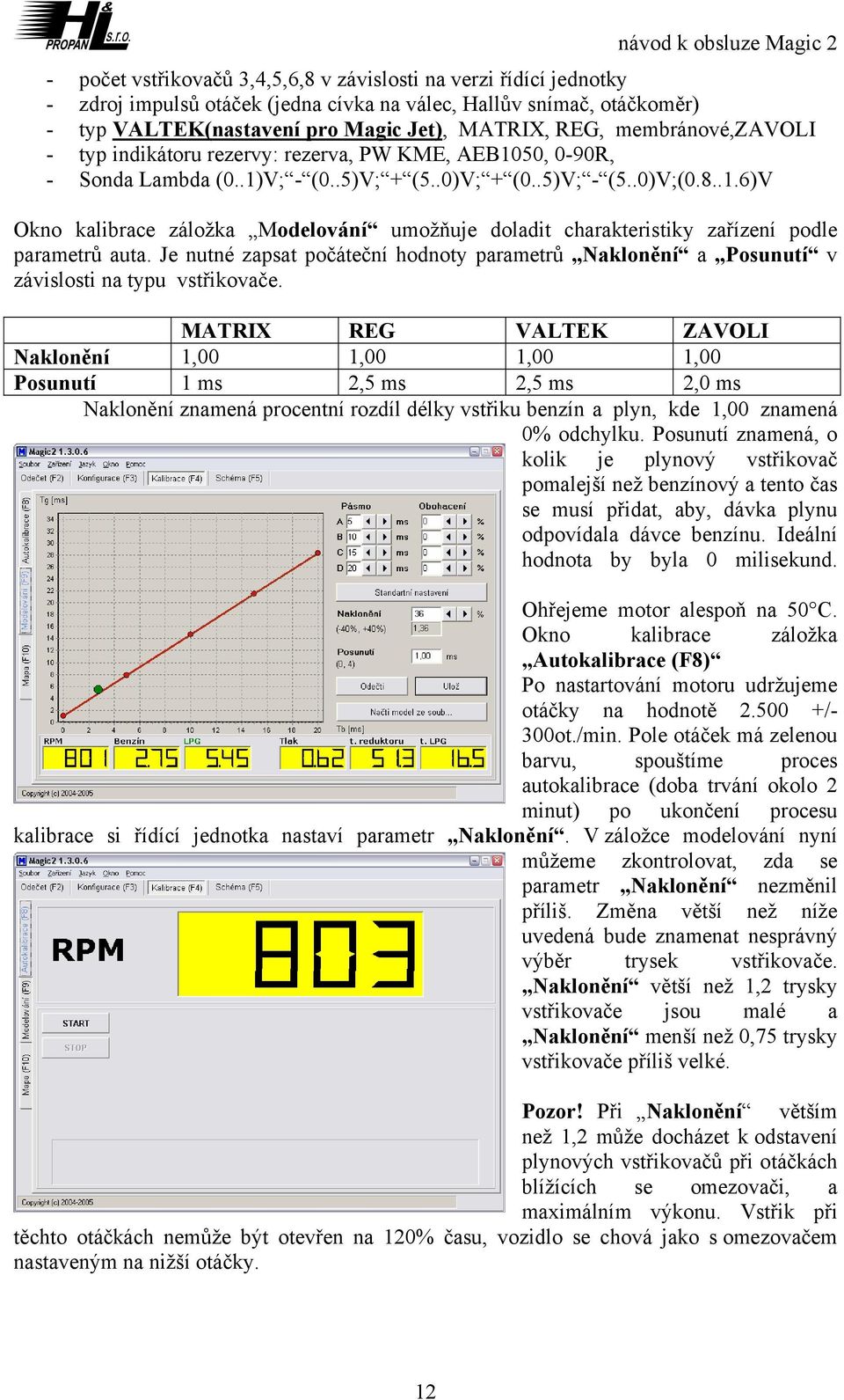 Je nutné zapsat počáteční hodnoty parametrů Naklonění a Posunutí v závislosti na typu vstřikovače.