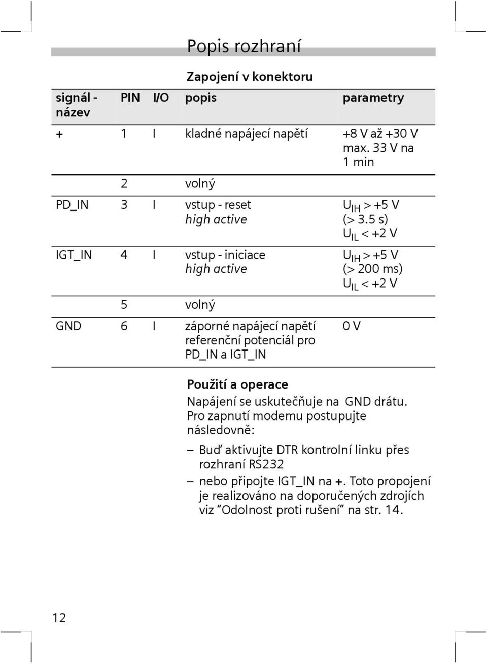 pro PD_IN a IGT_IN U IH >+5V (> 3.5 s) U IL <+2V U IH > +5 V (> 200 ms) U IL <+2V 0V Použití a operace Napájení se uskutečňuje na GND drátu.