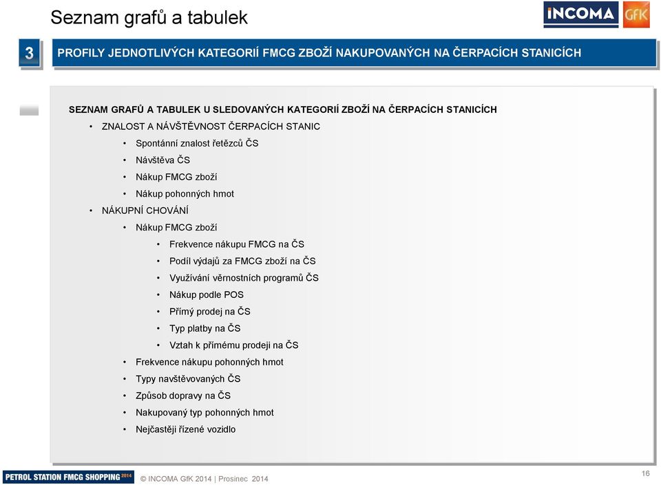 zboží Frekvence nákupu FMCG na ČS Podíl výdajů za FMCG zboží na ČS Využívání věrnostních programů ČS Nákup podle POS Přímý prodej na ČS Typ platby na ČS