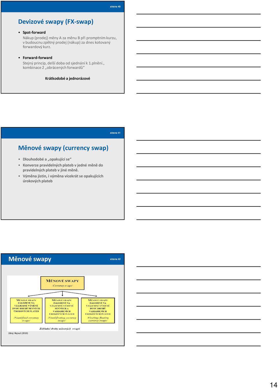, kombinace 2 obrácených forwardů Krátkodobé a jednorázové strana 41 Měnové swapy (currency swap) Dlouhodobé a opakující se