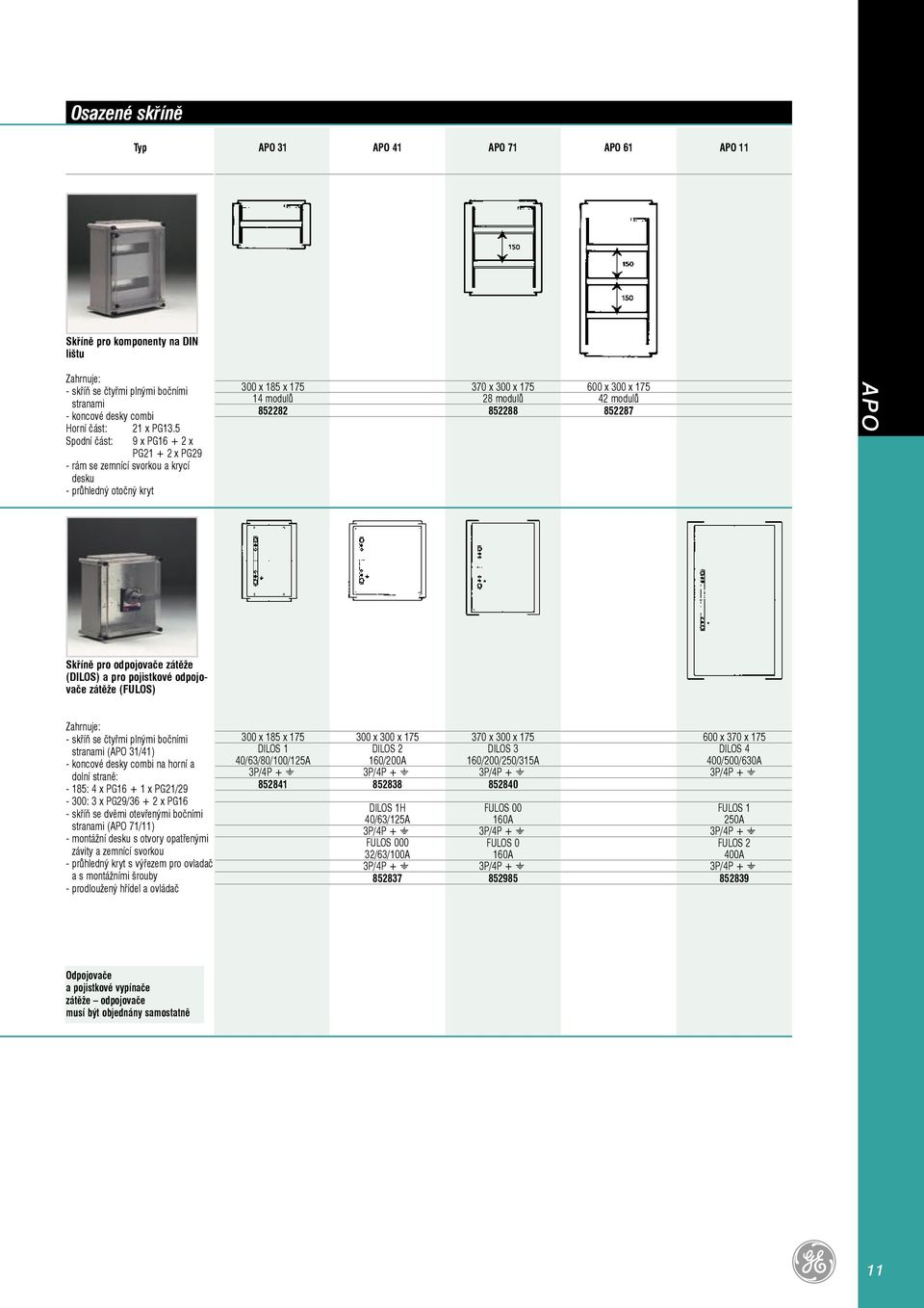 (DILOS) a pro pojistkové odpojovače zátěže (FULOS) Zahrnuje: skříň se čtyřmi plnými bočními stranami (APO 3/) koncové desky combi na horní a dolní straně: 85: x PG6 + x PG/9 300: 3 x PG9/36 + x PG6