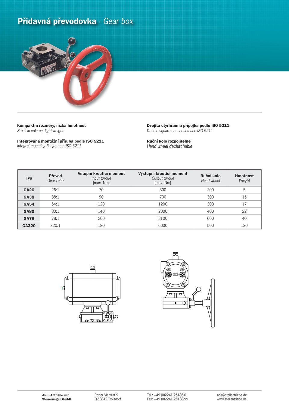 ISO 5211 Dvojitá čtyřhranná přípojka podle ISO 5211 Double square connection acc ISO 5211 Ruční kolo rozpojitelné Hand wheel declutchable Typ Převod Gear