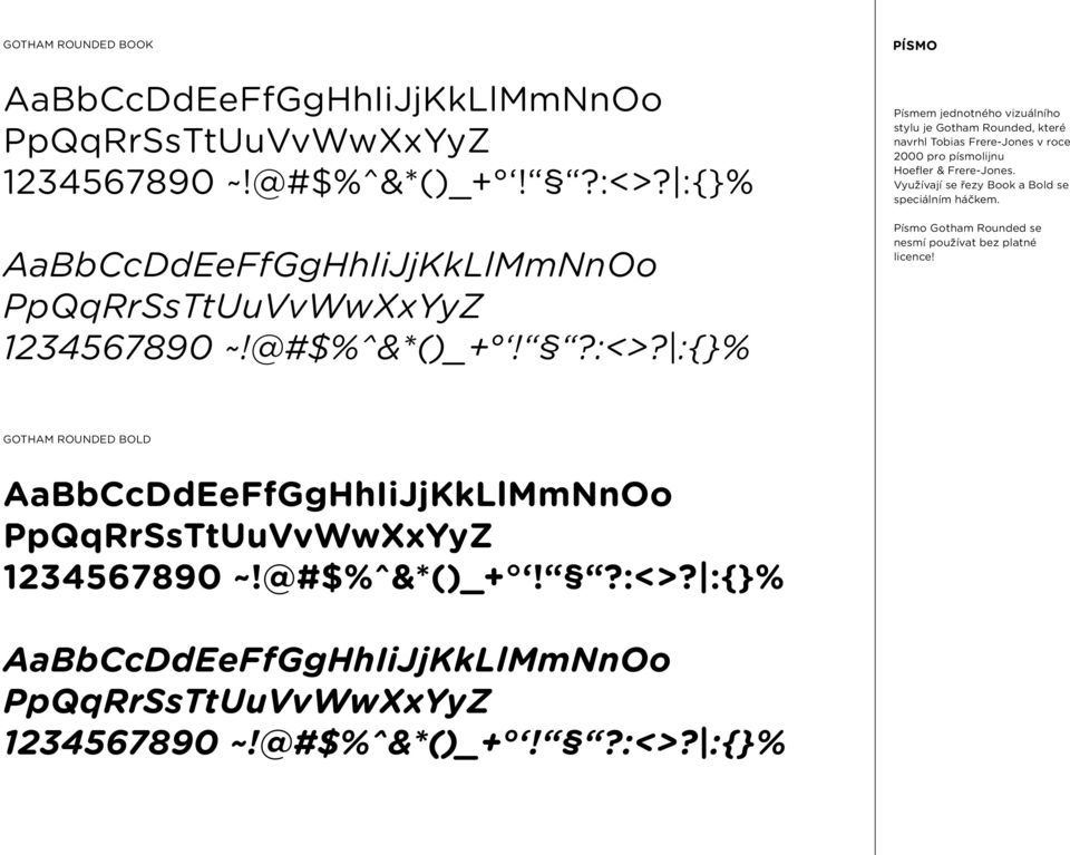 :{}% PÍSMO Písmem jednotného vizuálního stylu je Gotham Rounded, které navrhl Tobias Frere-Jones v roce 2000 pro písmolijnu Hoefler & Frere-Jones.