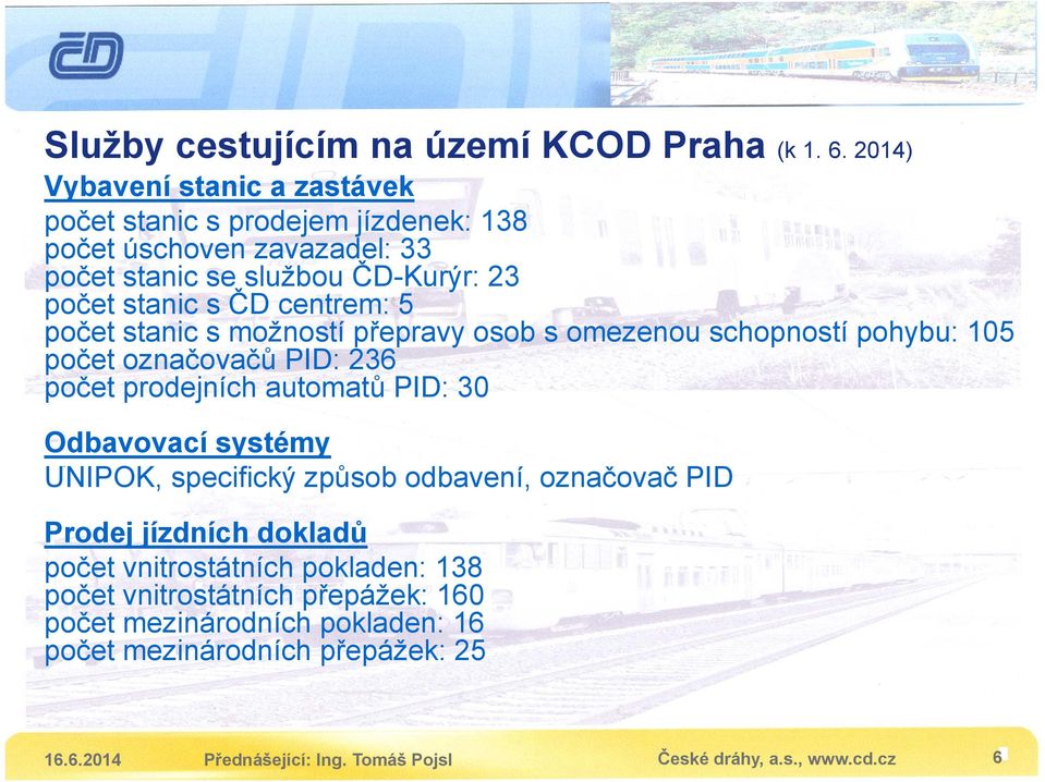 stanic s ČD centrem: 5 počet stanic s možností přepravy osob s omezenou schopností pohybu: 105 počet označovačů PID: 236 počet prodejních