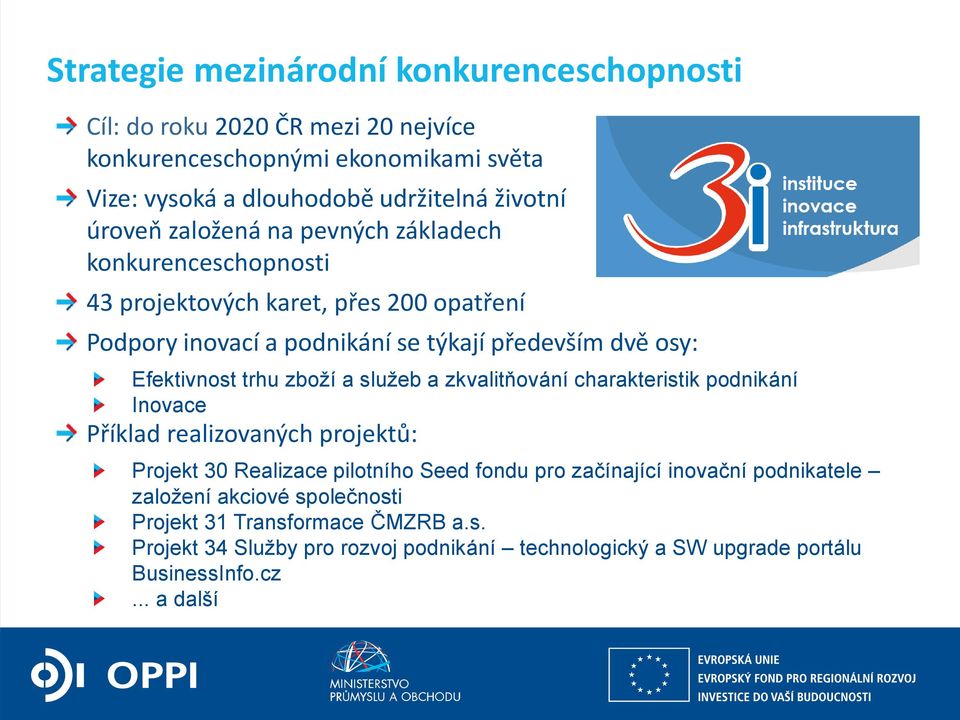 trhu zboží a služeb a zkvalitňování charakteristik podnikání Inovace Příklad realizovaných projektů: Projekt 30 Realizace pilotního Seed fondu pro začínající inovační