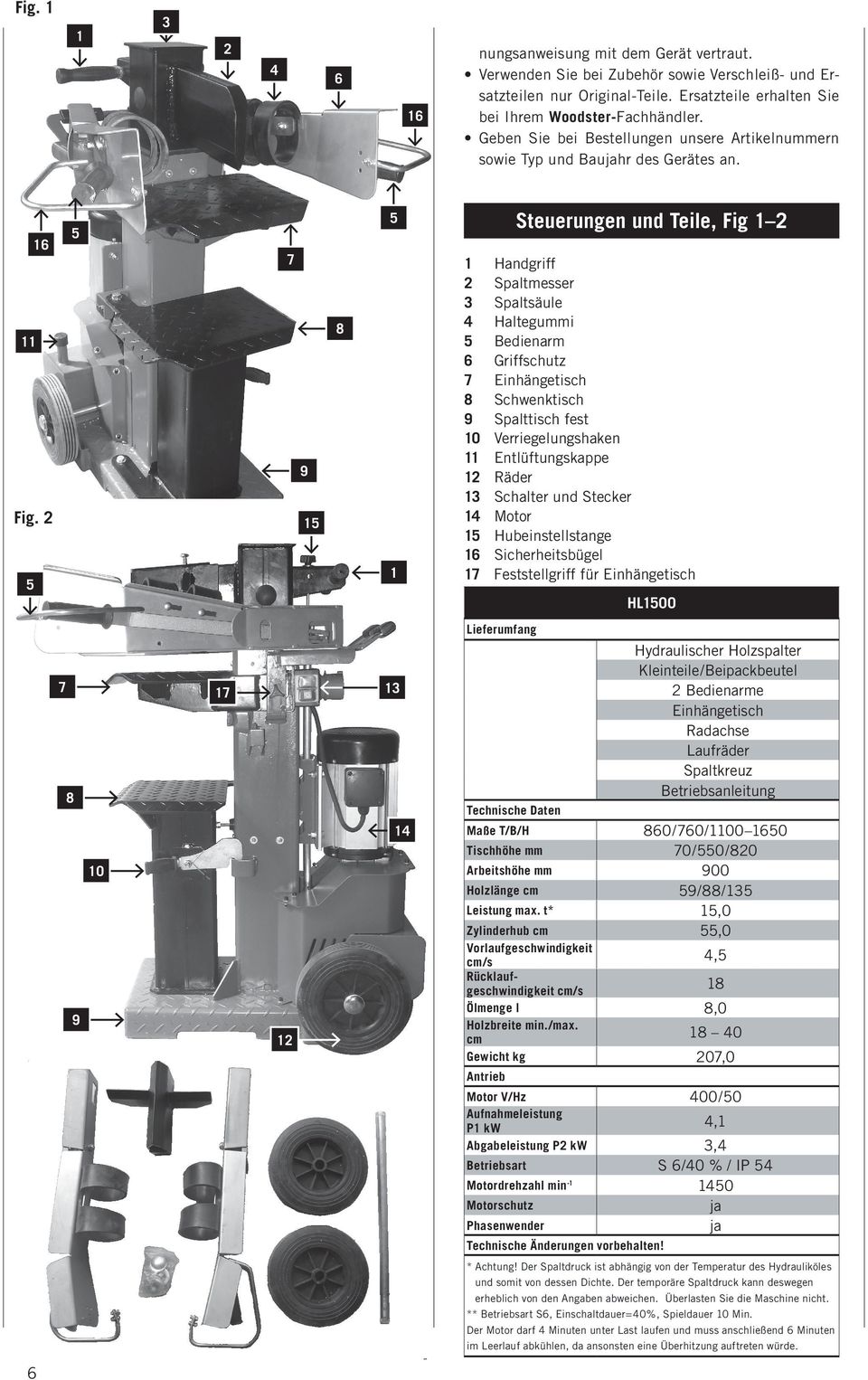2 15 5 8 5 1 Steuerungen und Teile, Fig 1 2 1 Handgriff 2 Spaltmesser 3 Spaltsäule 4 Haltegummi 5 Bedienarm 6 Griffschutz 7 Einhängetisch 8 Schwenktisch 9 Spalttisch fest 10 Verriegelungshaken 11