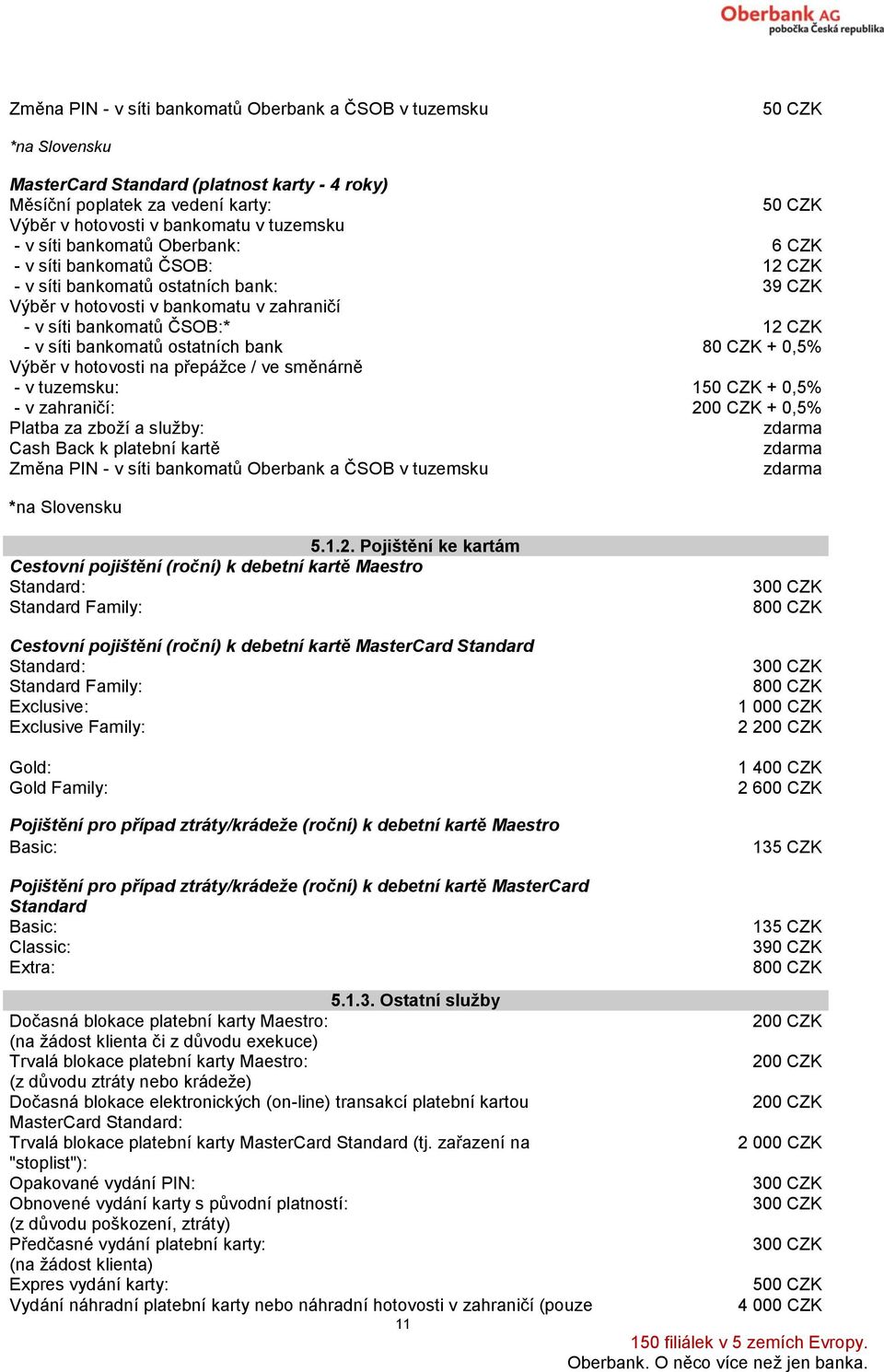 ostatních bank 80 CZK + 0,5% Výběr v hotovosti na přepážce / ve směnárně - v tuzemsku: 1 + 0,5% - v zahraničí: + 0,5% Platba za zboží a služby: Cash Back k platební kartě Změna PIN - v síti bankomatů
