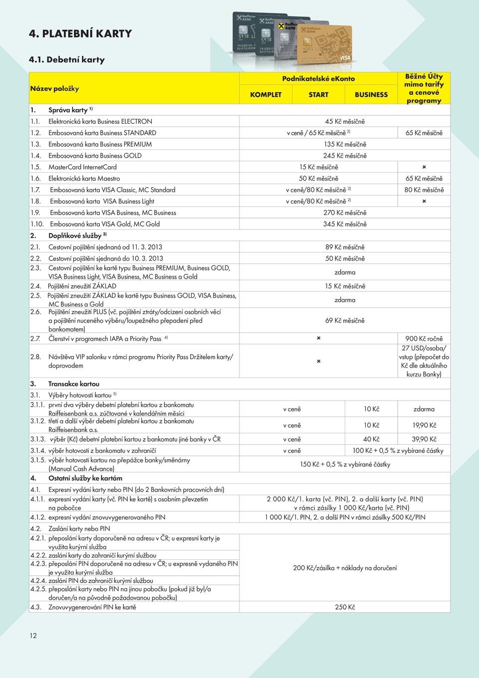6. Elektronická karta Maestro 50 Kč měsíčně 65 Kč měsíčně 1.7. Embosovaná karta VISA Classic, MC Standard v ceně/80 Kč měsíčně 2) 80 Kč měsíčně 1.8. Embosovaná karta VISA Business Light v ceně/80 Kč měsíčně 2) 1.