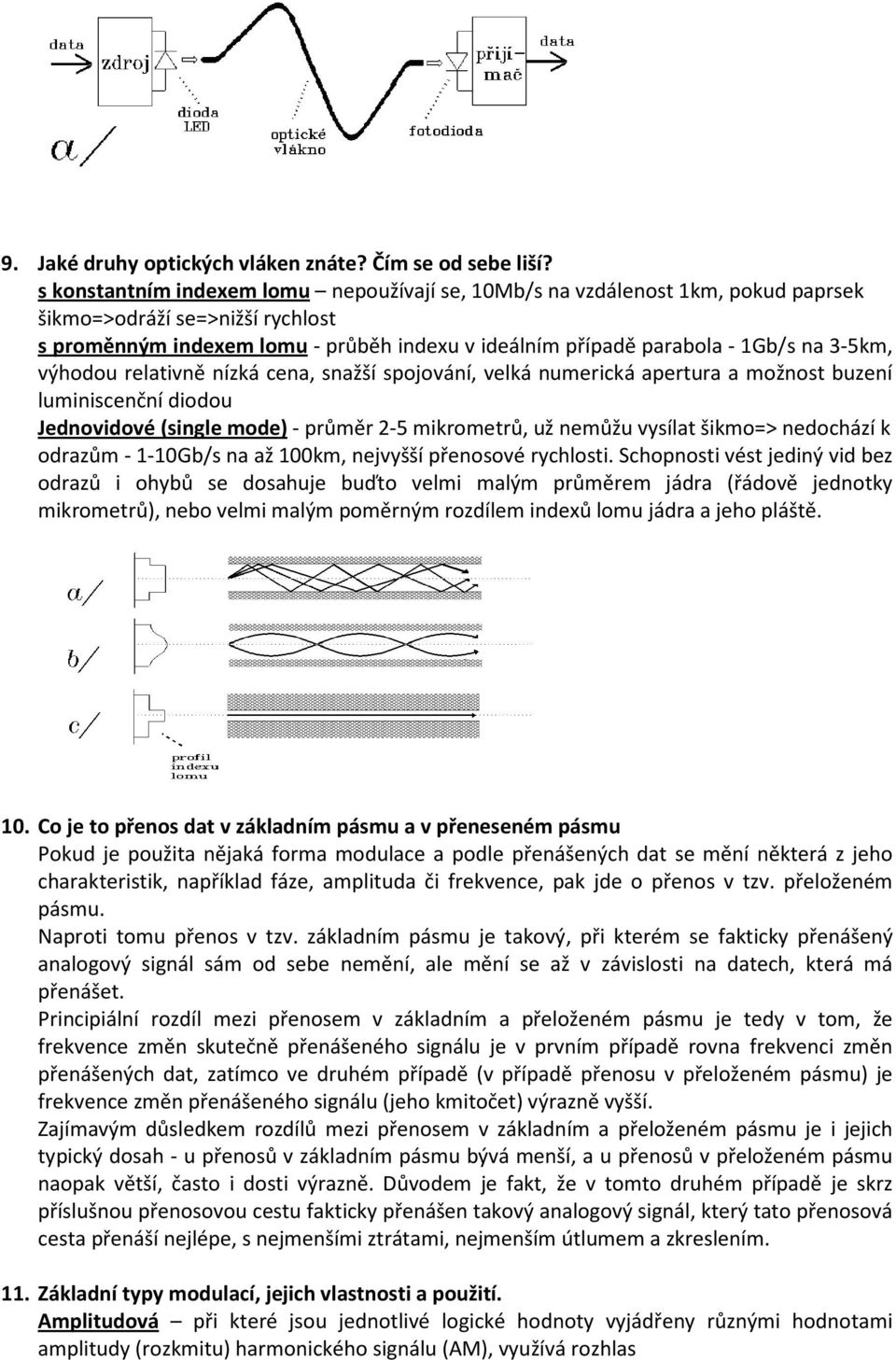 3-5km, výhodou relativně nízká cena, snažší spojování, velká numerická apertura a možnost buzení luminiscenční diodou Jednovidové (single mode) - průměr 2-5 mikrometrů, už nemůžu vysílat šikmo=>