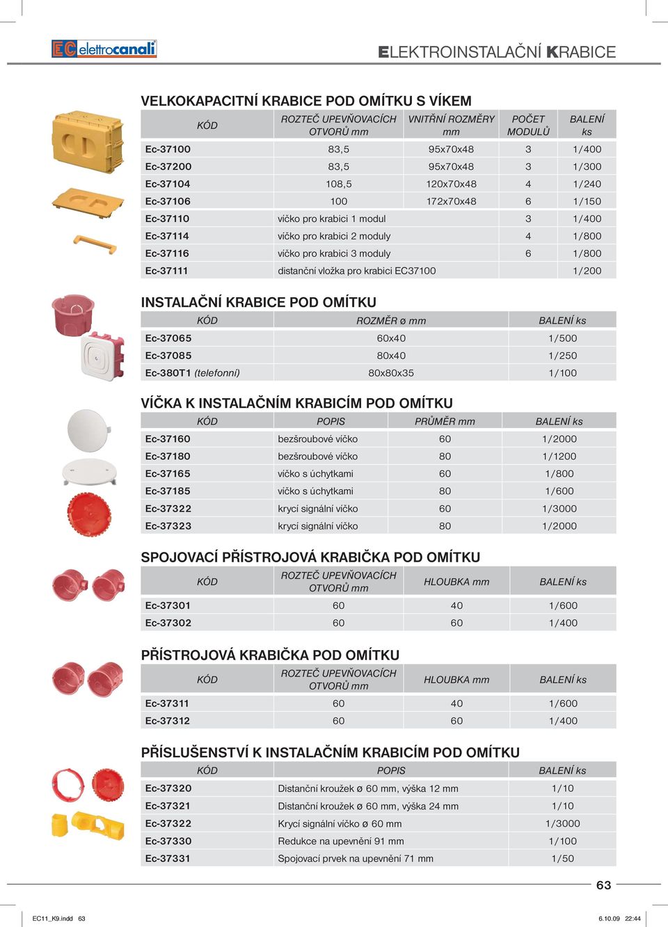 vložka pro krabici EC37100 1/200 INSTALAČNÍ KRABICE POD OMÍTKU KÓD ROZMĚR ø mm BALENÍ ks Ec-37065 60x40 1/500 Ec-37085 80x40 1/250 Ec-380T1 (telefonní) 80x80x35 1/100 VÍČKA K INSTALAČNÍM KRABICÍM POD