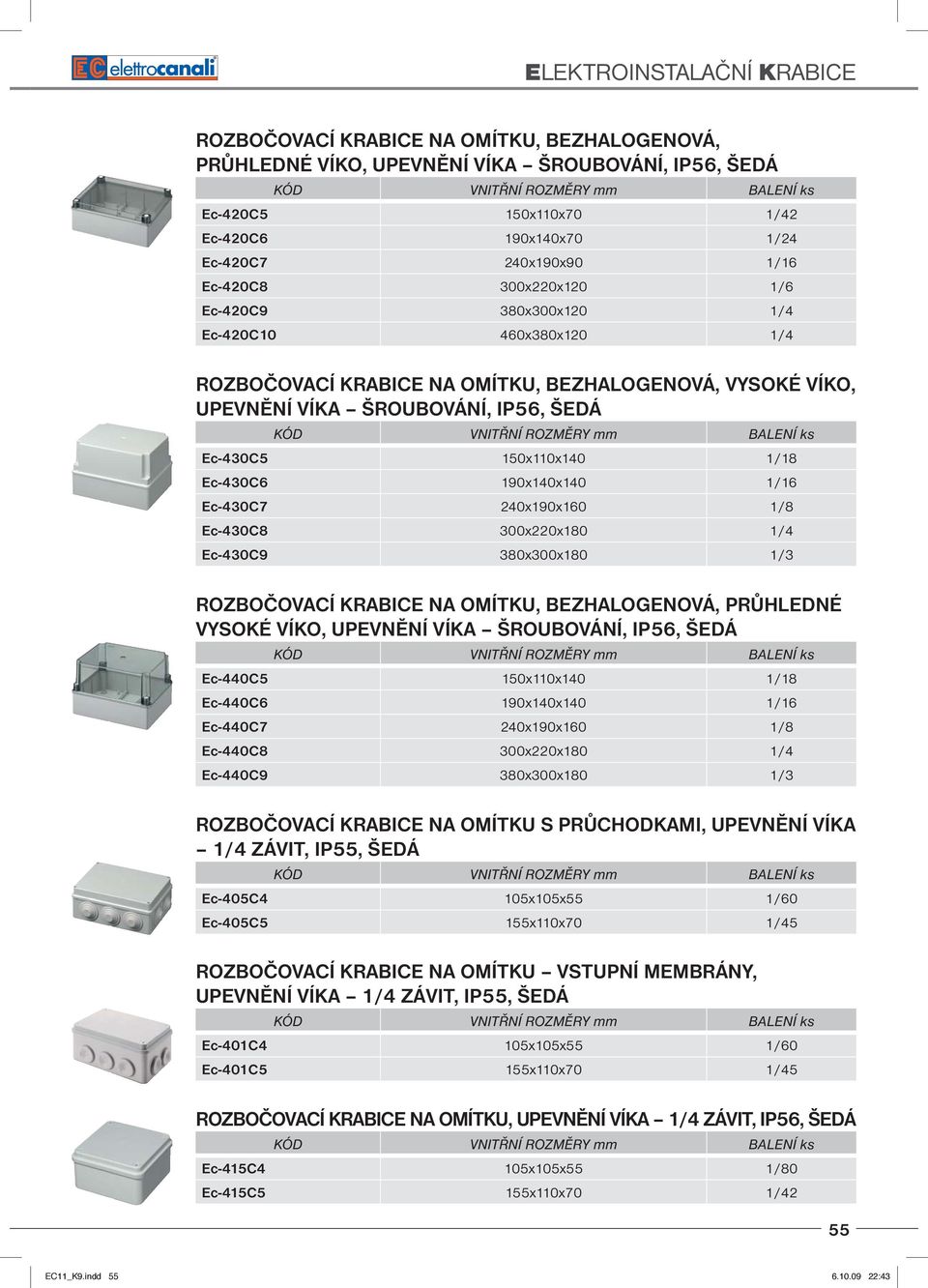 Ec-430C7 240x190x160 1/8 Ec-430C8 300x220x180 1/4 Ec-430C9 380x300x180 1/3 ROZBOČOVACÍ KRABICE NA OMÍTKU, BEZHALOGENOVÁ, PRŮHLEDNÉ VYSOKÉ VÍKO, UPEVNĚNÍ VÍKA ŠROUBOVÁNÍ, IP56, ŠEDÁ Ec-440C5