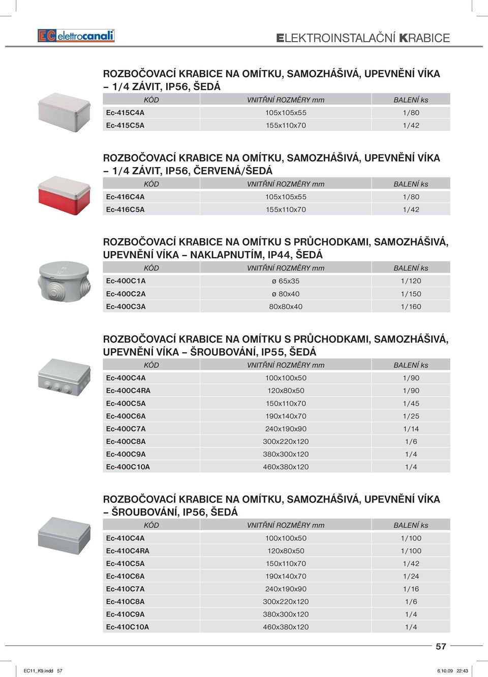 Ec-400C2A ø 80x40 1/150 Ec-400C3A 80x80x40 1/160 ROZBOČOVACÍ KRABICE NA OMÍTKU S PRŮCHODKAMI, SAMOZHÁŠIVÁ, UPEVNĚNÍ VÍKA ŠROUBOVÁNÍ, IP55, ŠEDÁ Ec-400C4A 100x100x50 1/90 Ec-400C4RA 120x80x50 1/90