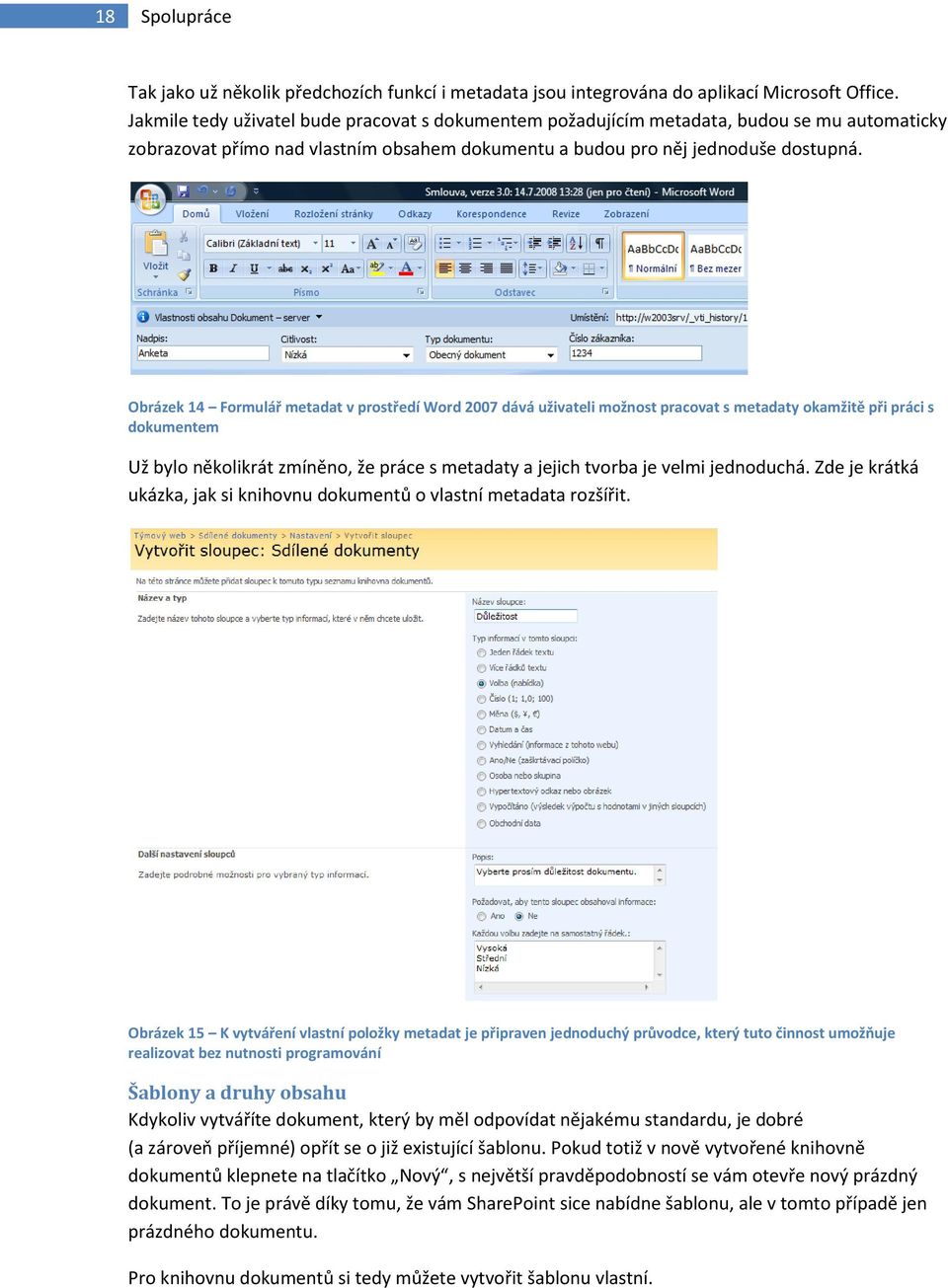 Obrázek 14 Formulář metadat v prostředí Word 2007 dává uživateli možnost pracovat s metadaty okamžitě při práci s dokumentem Už bylo několikrát zmíněno, že práce s metadaty a jejich tvorba je velmi