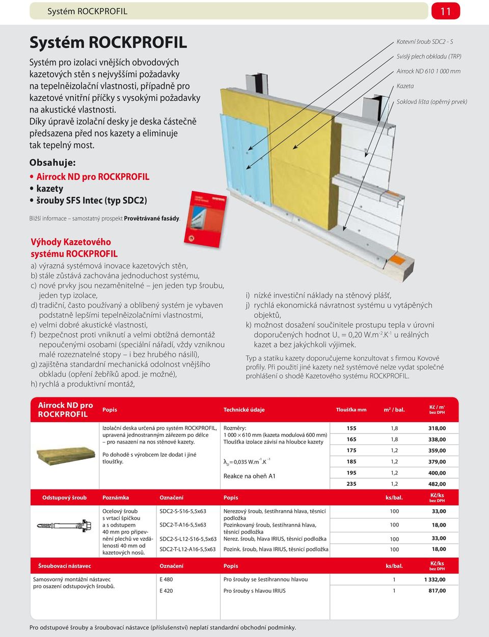 Obsahuje: Airrock ND pro OCKPOFIL kazety šrouby SFS Intec (typ SDC2) 11 Kotevní šroub SDC2 - S Svislý plech obkladu (TP) Airrock ND 610 1 000 Kazeta Soklová lišta (opěrný prvek) Bližší informace